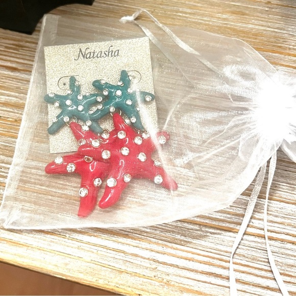 NWT,Natasha, Enamel Rhinestone Starfish Frontal Statement Earrings, GIFT ME! - Picture 3 of 5